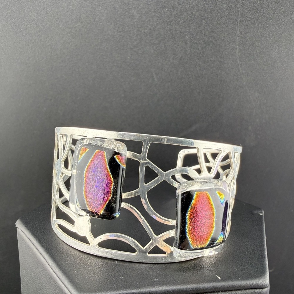 Vintage Estate Cuff Bracelet Silver Fused Dichroic Glass Abstract 7in